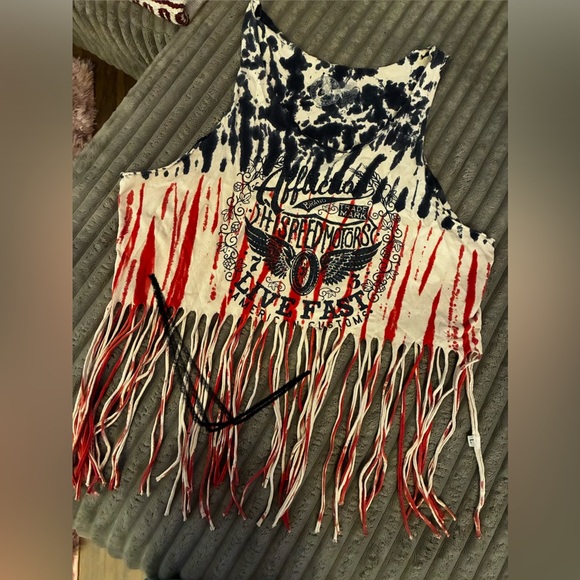 Affliction Tops - Affliction Red and Black Tie-Dye Fringe Top